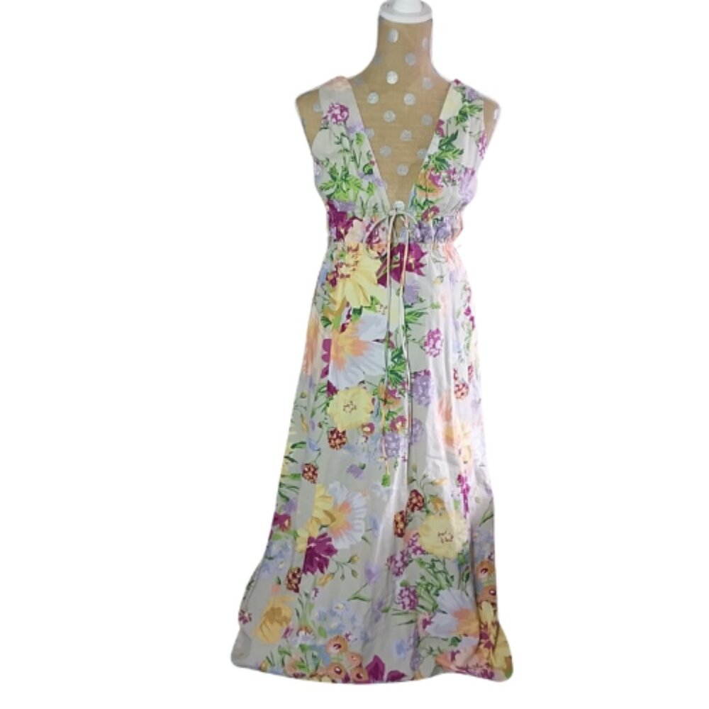 H&M Floral Greige V Neck Linen Blend Maxi Dress Small